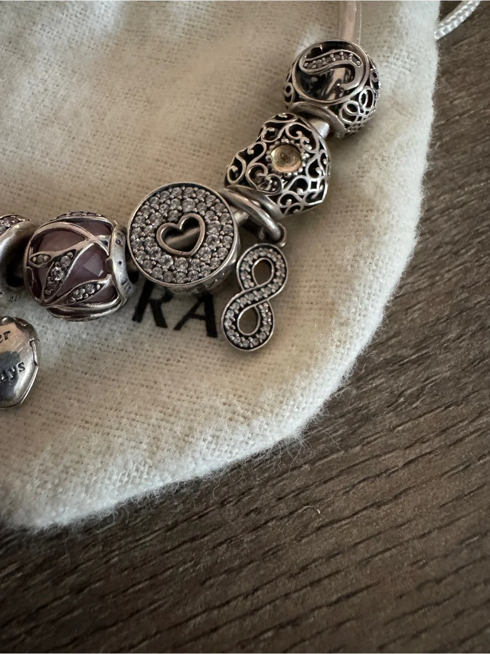 Pandora Silver Charm Bracelet with Heart, Infinity and Travel Charms